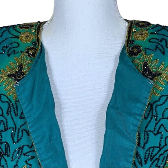 Vintage Silk Adrianna Papell Evening Dinner Jacket Beaded Turquoise Teal SM - Picture 9 of 16